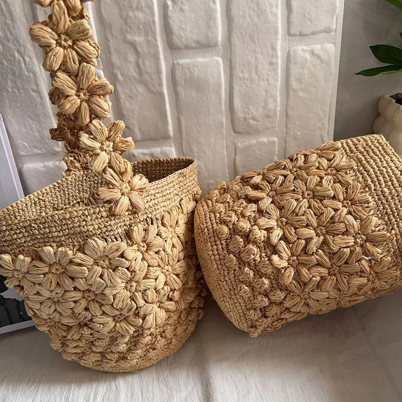 

Flower Woven Beach Bag Summer Raffia Straw Bags for Women Handbag Travel Rattan Shoulder Bag Natural Straw Bucket Women Bags NEW