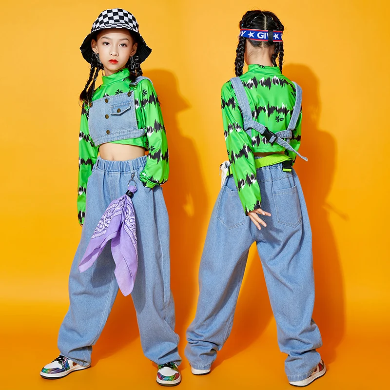 Manga comprida feminina Denim Jazz, Roupa de Performance, Roupas Modernas de Street Dance, Roupa Infantil Rave, Hip Hop, BL7230