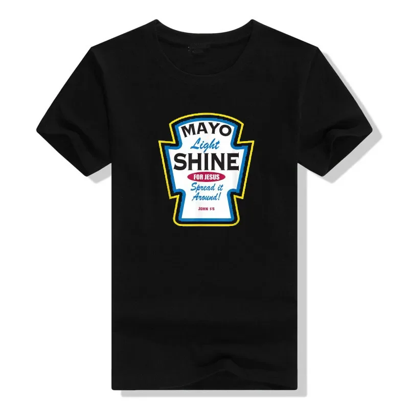 

Mayo Light Shine Christian Parody Graphic Tee Funny Religious Cotton T-Shirt Casual Short Sleeve