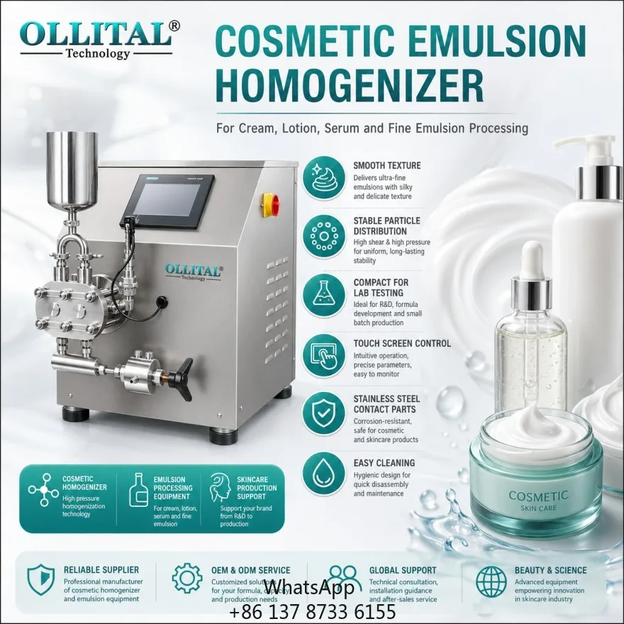 Ollital High Pressure Homogenizer For Personal Care Cream Serum Lotion Processing And Emulsion Texture Control