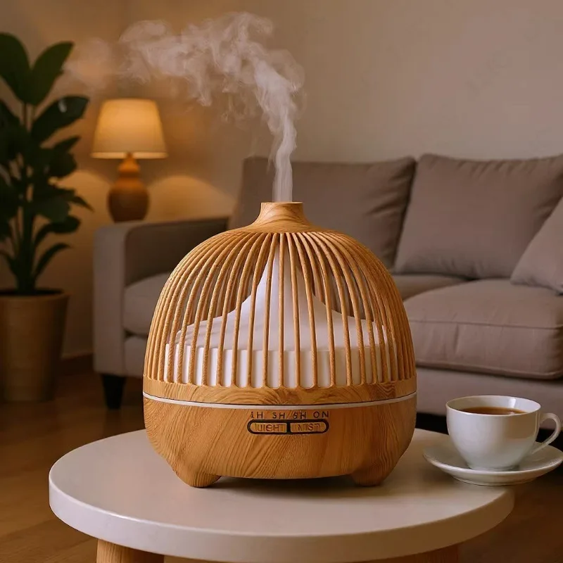Ultrasonic Aroma Diffuser Wood Grain Electric Essential Oil Diffuser for Home USB Smart Humidifier Timer LED Light 550ml