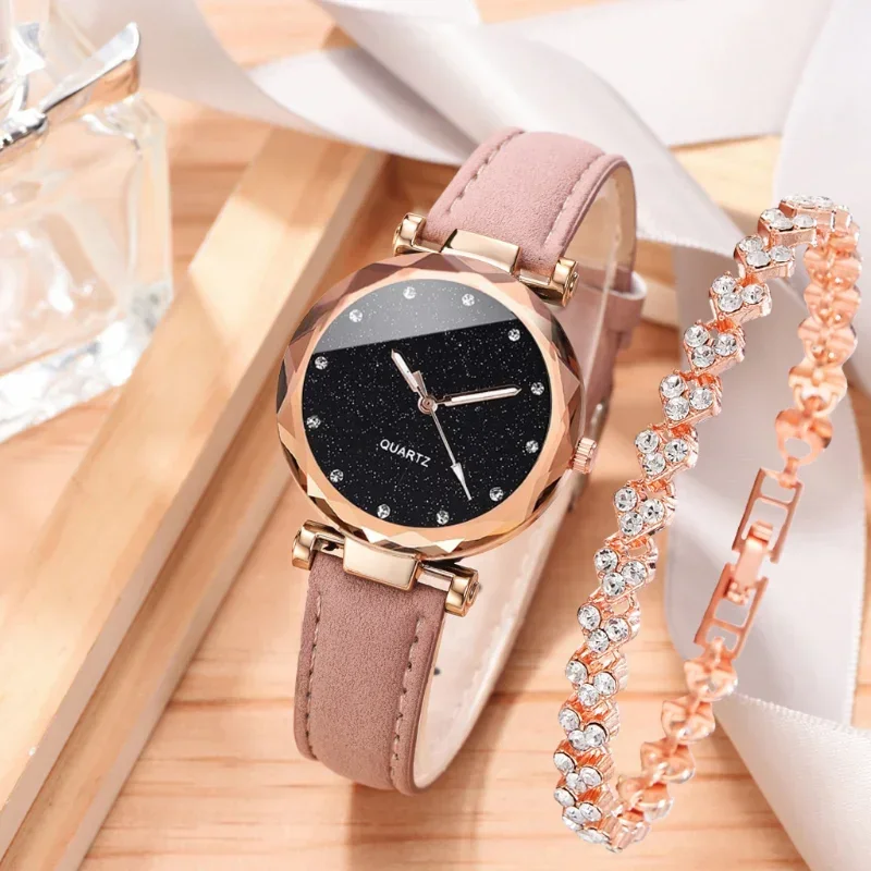 

2pcs Luxury Fashion Women Watch Set PU Leather Strap Ladies Quartz Wristwatch Rhinestone RoseGold Alloy Bracelet For Ladies Gift