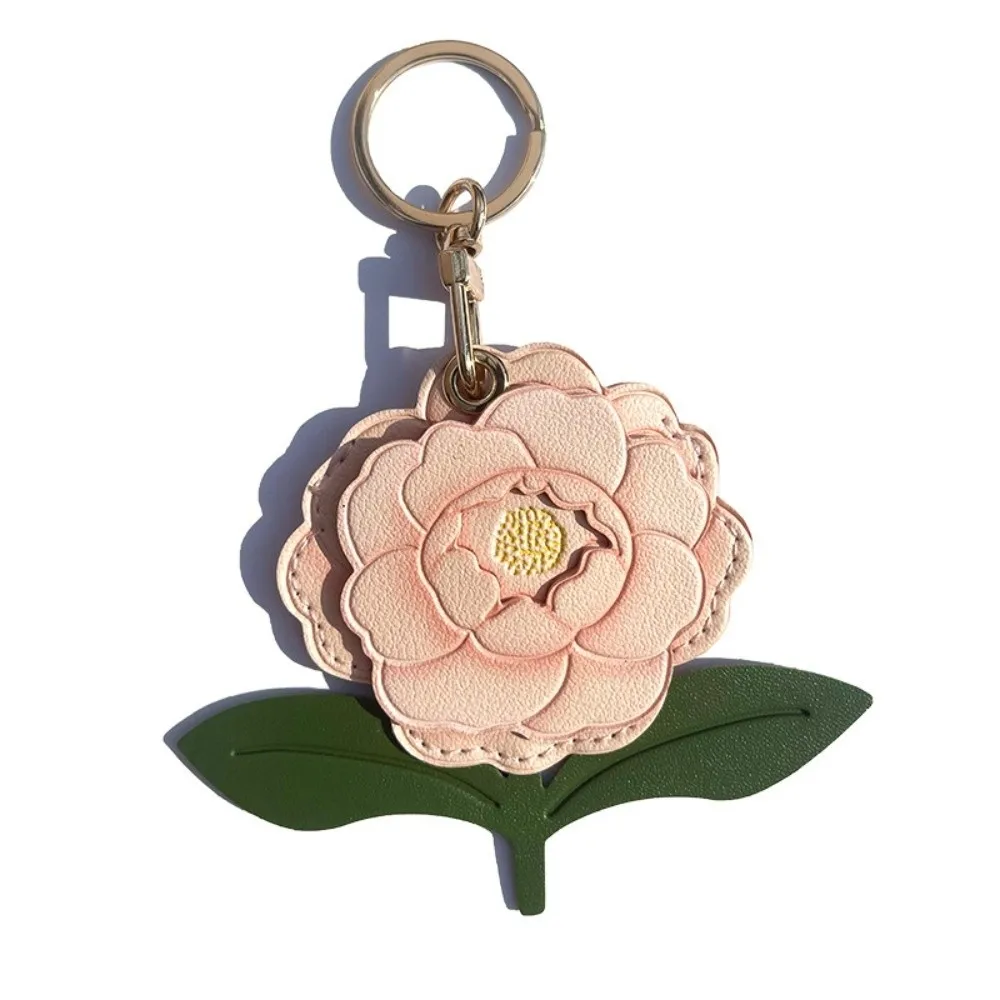PU Keychain Card Holder Protective Peony Flower Access Card Holder Keychain Anti-Scratch Peach Blossom