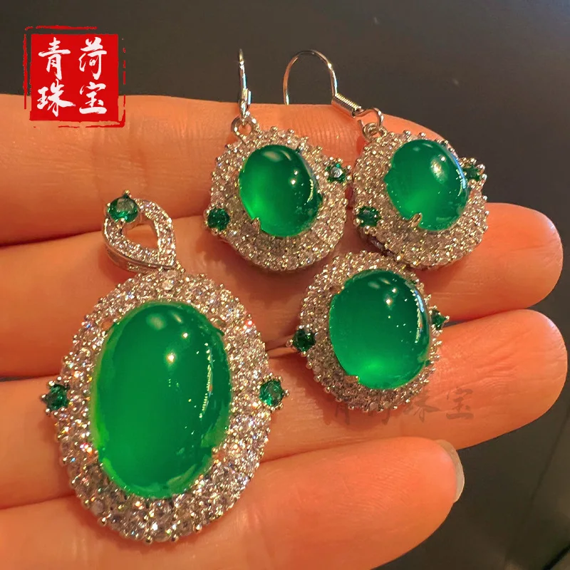 

New-style green chalcedony pendant, ring, earrings, jade ornaments, three-piece jewelry set with agate inlay