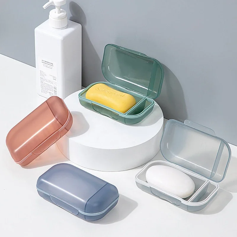 Portable 2-Compartment Soap Dish with Lid Oval Soap Box Sealed Waterproof Bathroom Soap Holder Storage Box Soap Case