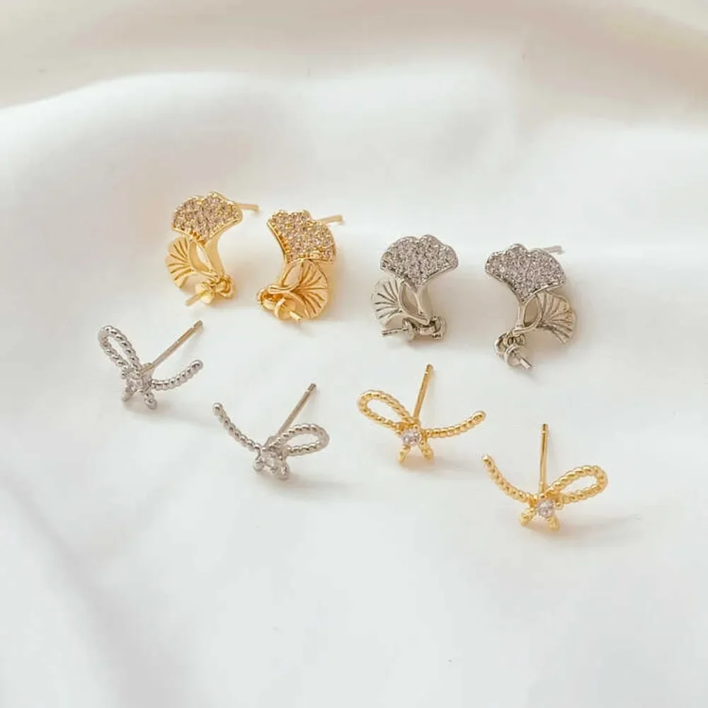 

14K Copper-clad Gold Zirconium-inlaid Ginkgo Leaf Hanging Needle, Hemp Flower Knot S925 Silver Ear Needle, DIY Handmade Earrings