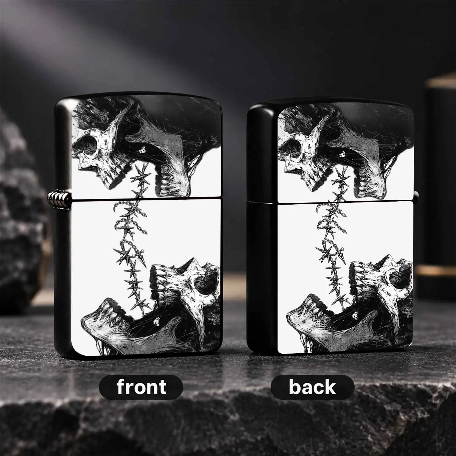 Cool Spiked Chain Split Skull Print Lighter, Dark Aesthetic Edgy Portable Igniter for Daily Carry, Unique Gothic Art Decor Accessory for Indoor Outdoor Use, Ideal Stylish Gift for Trendy Friends  A Humorous And Interesting Lighter