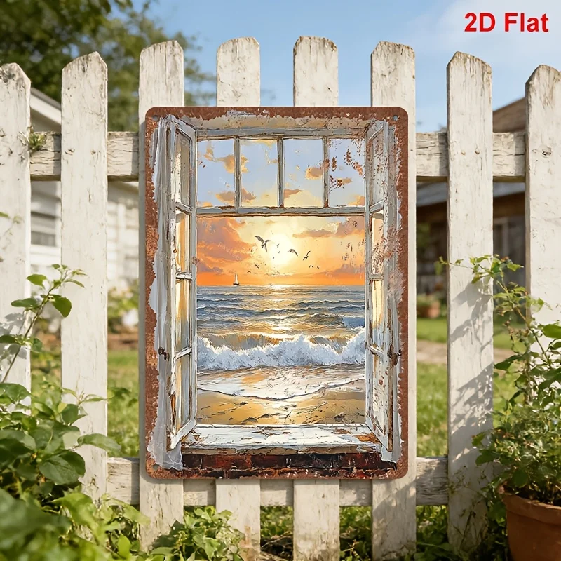 Vintage Metal Tin Sign, Open Window Sunset Beach Waves Seagull Retro Home Wall Decor Plaque