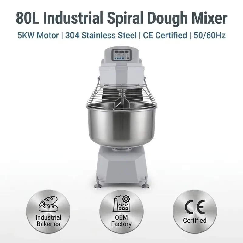 Commercial 25kg Spiral Dough Mixer 80L Capacity Stainless Steel Bread Kneading Machine for Bakery Pizza Making Professional