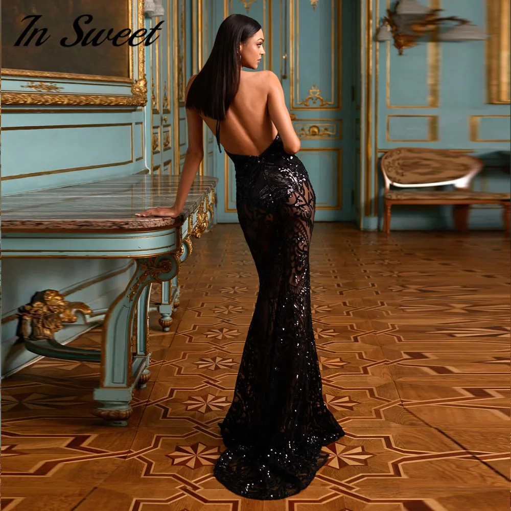 Deep V Halter Mermaid Evening Dresses Black Sequin Lace Tulle Prom Gown Backless Sexy Court Train Party Dress Vestido De Novia