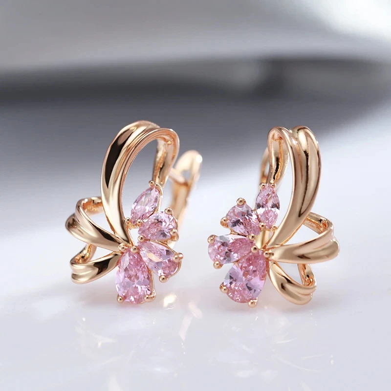 Wbmqda Pink Crystal Flower Drop Earrings For Women 585 Rose Gold Color Natural Zircon Setting Wedding Party Fashion Jewelry Sets