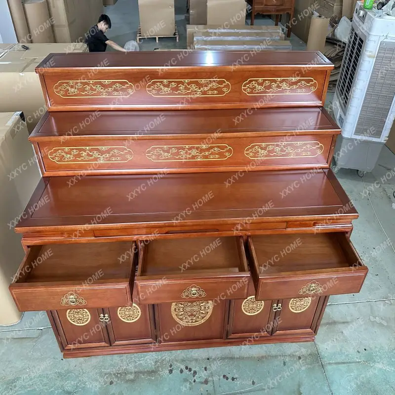 ZH Solid wood household three-layer table, middle hall table, middle hall table, gold-painted new Chinese desk