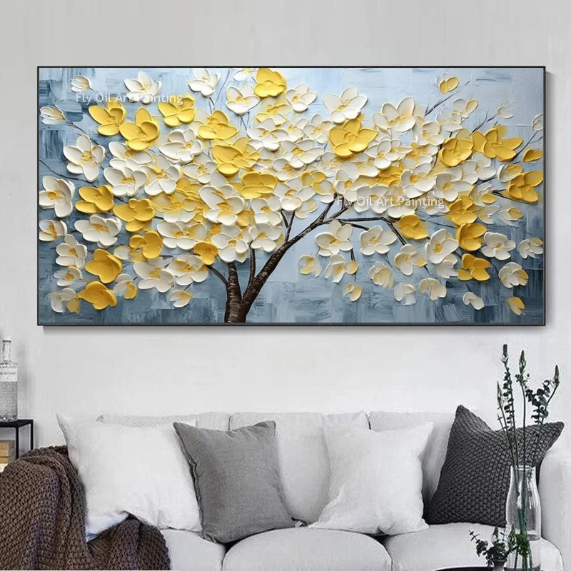 Special Abstract White Yellow Flower Tree Knife Thick Oil Painting On Canvas Handmade Cherry Flower Floral Wall Art Room Decor