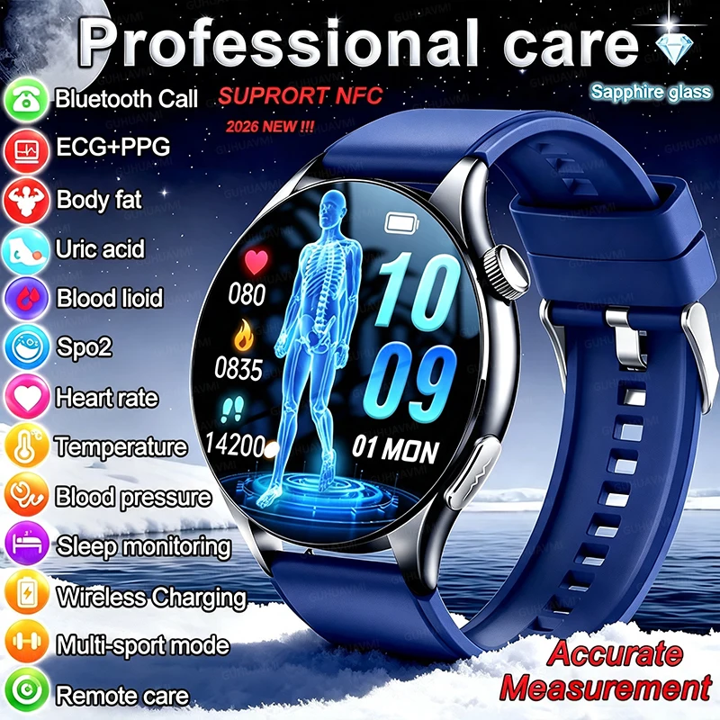 2026 New Health Analysis ECG+PPG Smart Watch Body Fat Uric Acid Blood Pressure Heart Rate Tracker NFC Smartwatch For Android IOS