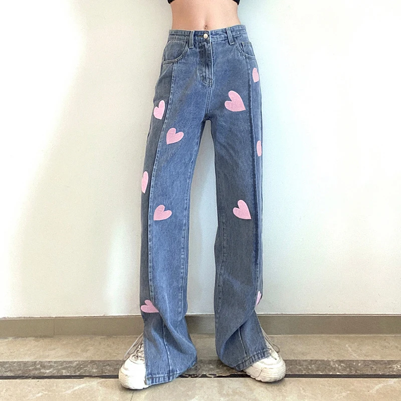 

Fashion Love Sequined Trousers Split Blue Jeans Women's 2024 Summer High Waist Casual Drape Straight Trousers Boyfriend Jeans