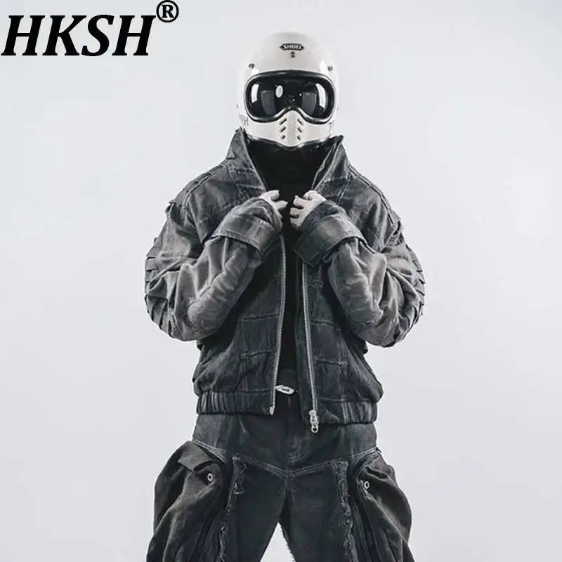 HKSH Autumn New Men Dark Waste Land Ins Stand Collar Three-Dimensional Dragon Spine Loose Retro Motorcycle Techwear Coat HK14470