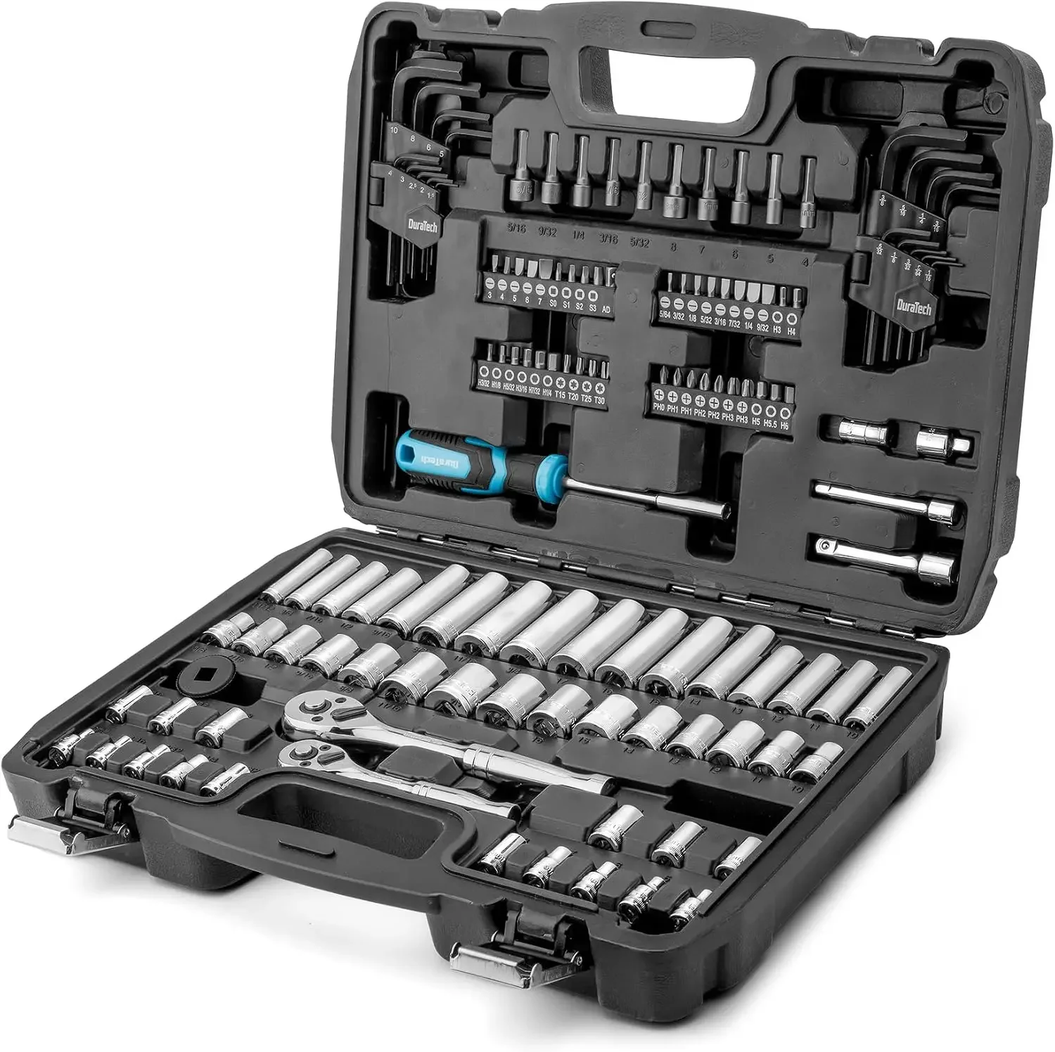 121-Piece Mechanics Tool Kits, Include SAE/Metric Sockets Set, 72-Tooth Drive Ratchet, 40-in-1 Magnetic Screwdriver, and Hex