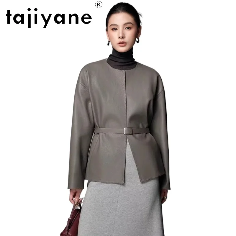 TAJIYANE vestes en peau de chèvre véritable Simple col rond manteau ceinturé court veste en cuir véritable femme 2025 vêtements d'automne dубл onderка ж onderdelen mei