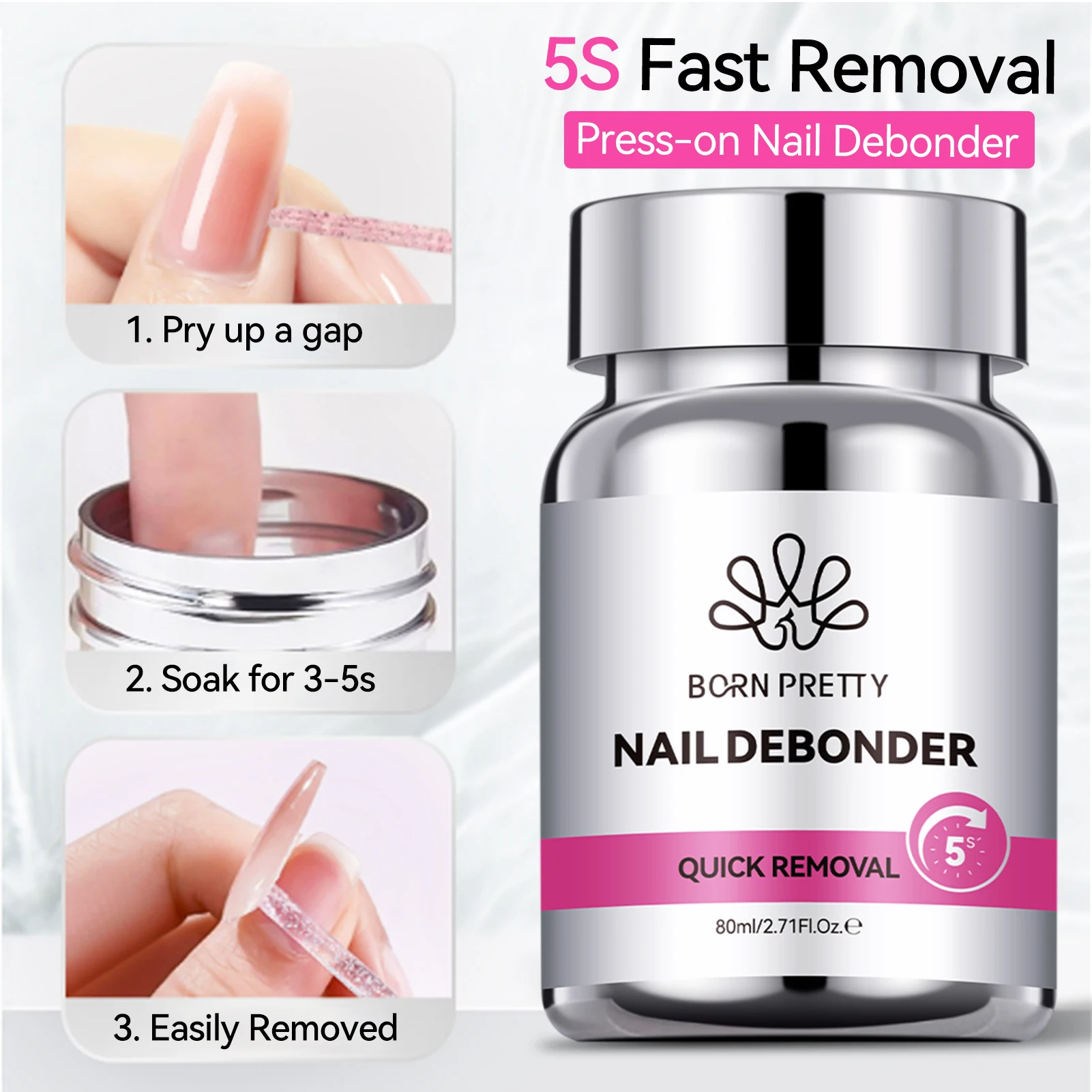 BORN PRETTY 80ml Nail Debonder for Press on Nails 5s Quick Remover Fake Nails with Cuticle Pusher Easy Remover for Acrylic Gel