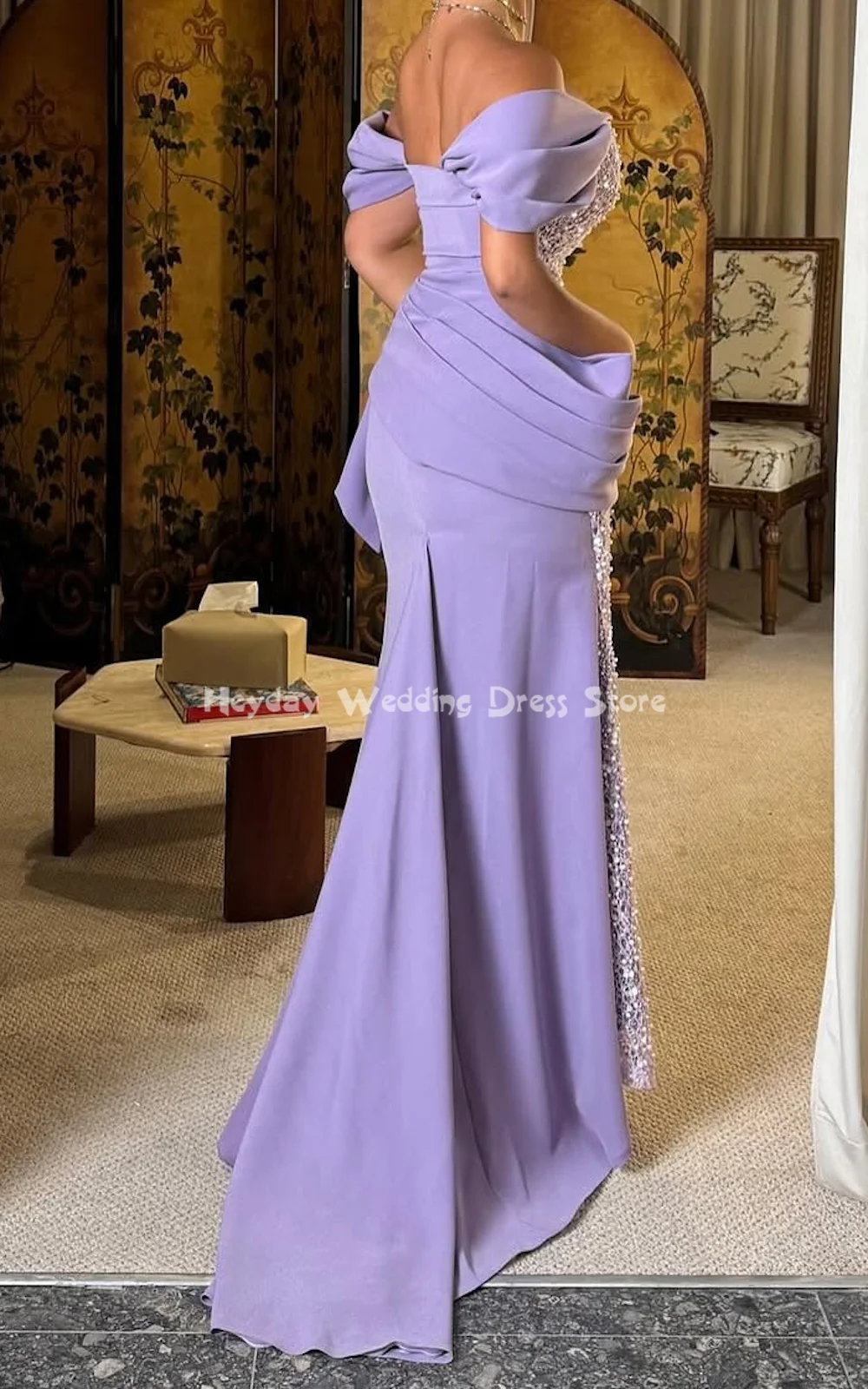 헤이데이 여성 패션 오프숄더 플리츠 머메이드 사우디 이브닝 드레스 (짧은 소매, 정장, 우아한 드레스, 2025)