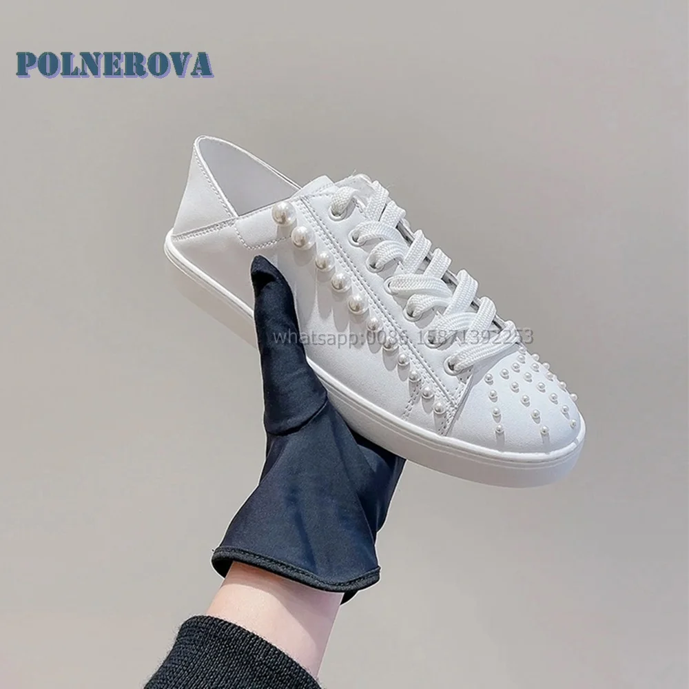 Pearl Decoration Lace Up Pumps Round Toe Flat with White Casual Women Sneakers Solid Patchwork Concise Fashion Shoes 2024 Newest