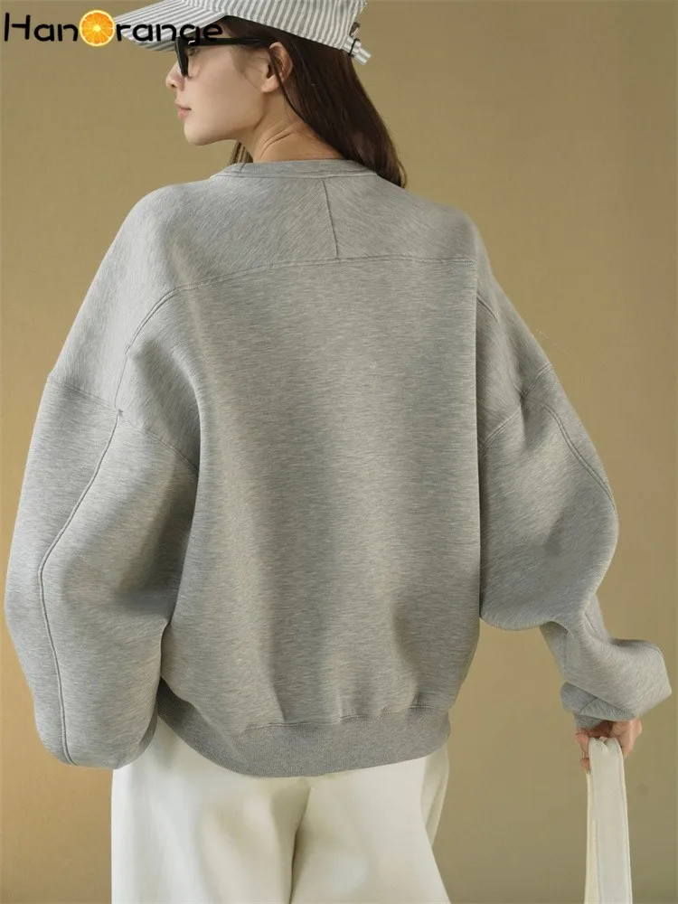 HanOrange 2024 Spring Minimalist O-neck Silhouette Air Layer Sweatshirt Women Soft Smooth Top Grey/Blue Purple