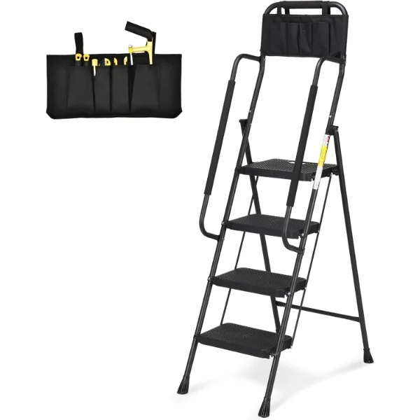 

HBTower 4 Step Ladder with Handrails, Folding Step Stool with Wide Anti-Slip Pedal, 330lbs Sturdy Steel Ladder