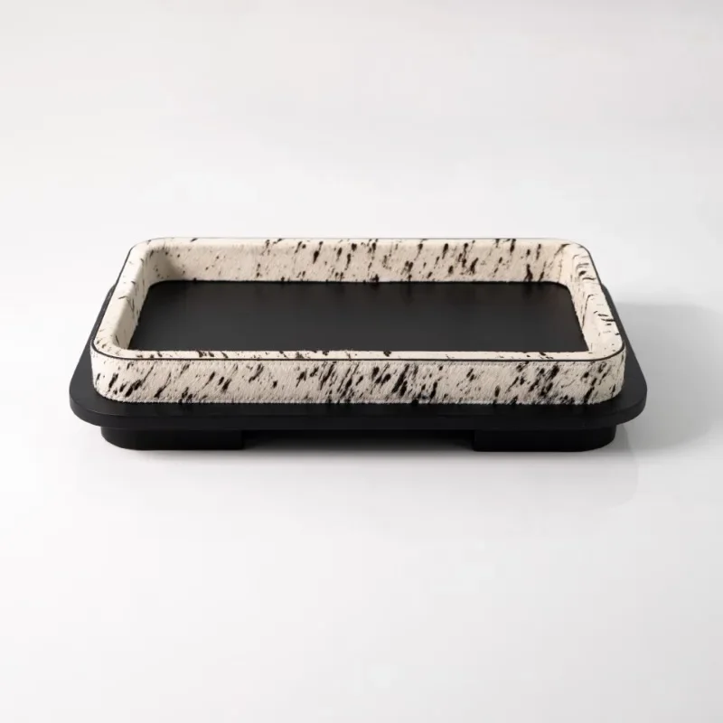 Luxury Cowhide Horsehair Rectangular Tray, Modern High-End Home Decor Organizer, Premium Wooden Storage Tray for Coffee Table