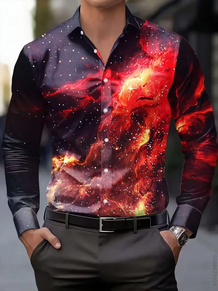 Men Long Sleeve Shirt Black Abstract Line Art Print Turn Down Collar Button Up Autumn Winter Daily Casual Tops Men's Clothing