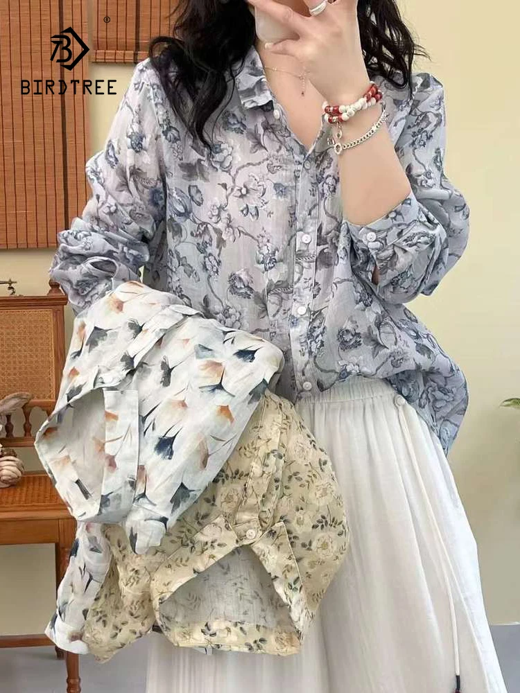 

New Summer Ramie Long Sleeve Shirts Woman Lapel Leaf Print Top Mori Girl Casual Loose Thin Versatile Blouses 2024 Fall T47516QC