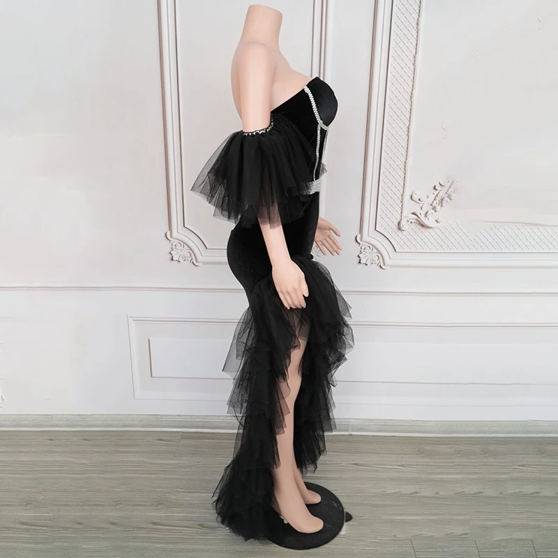 Women Singer Performance Party Dress Black Velvet Mesh Evening Dresses Bar Dj Ds Gogo Costume Stage Festival Outfit XS9234