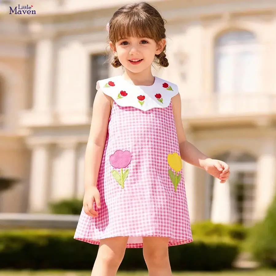 

Summer Sweet Girls Dresses Kids Clothes Sleeveless Round Neck Plaid Flower Princess Dress Kids Casual Daily Holiday Party Dress