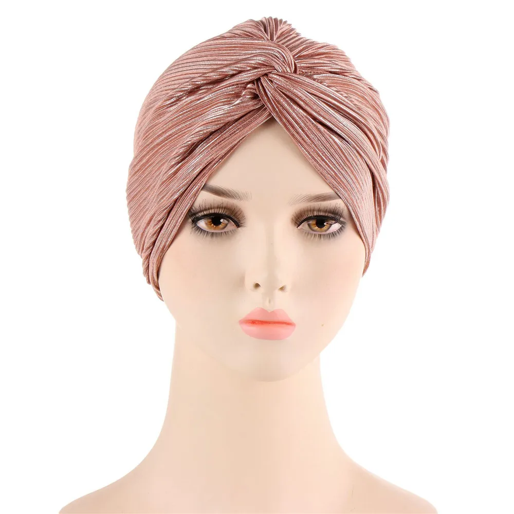 Twist Turban Caps Fashion Cotton Women Knot Muslim Hijab Shiny Silver Glitter Indian Hat Men Casual Solid Color Simple Headscarf