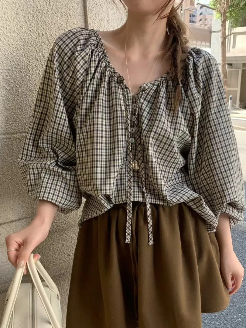 レトロな格子縞のサロングスベ レディース イルト スウィート ランタン スベ トップス 初秋の新作 韓国風 スレ エレ スモール イルト