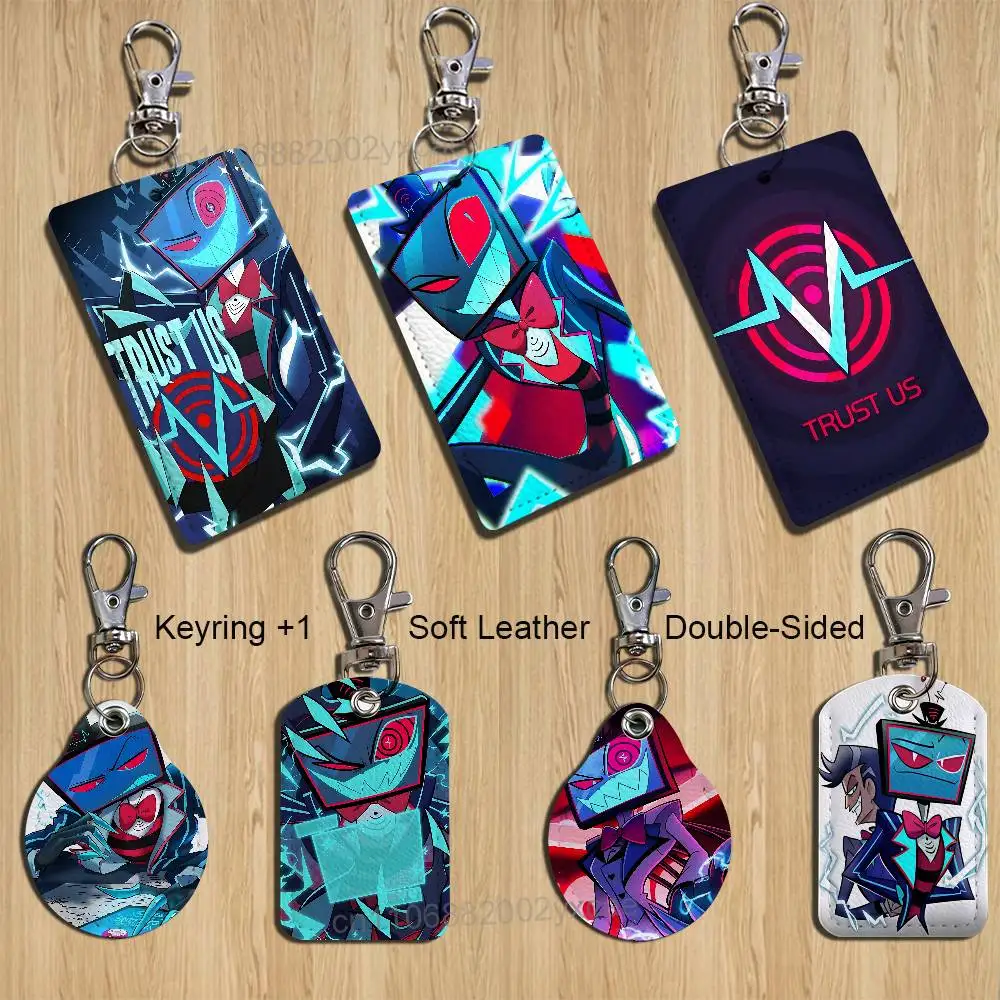 

A evil blue Vox Hazbin Hotel Rectangle ID Card Case Keychain Access Card Bag Key Tag Ring Leather Card Holder Key Ring Access