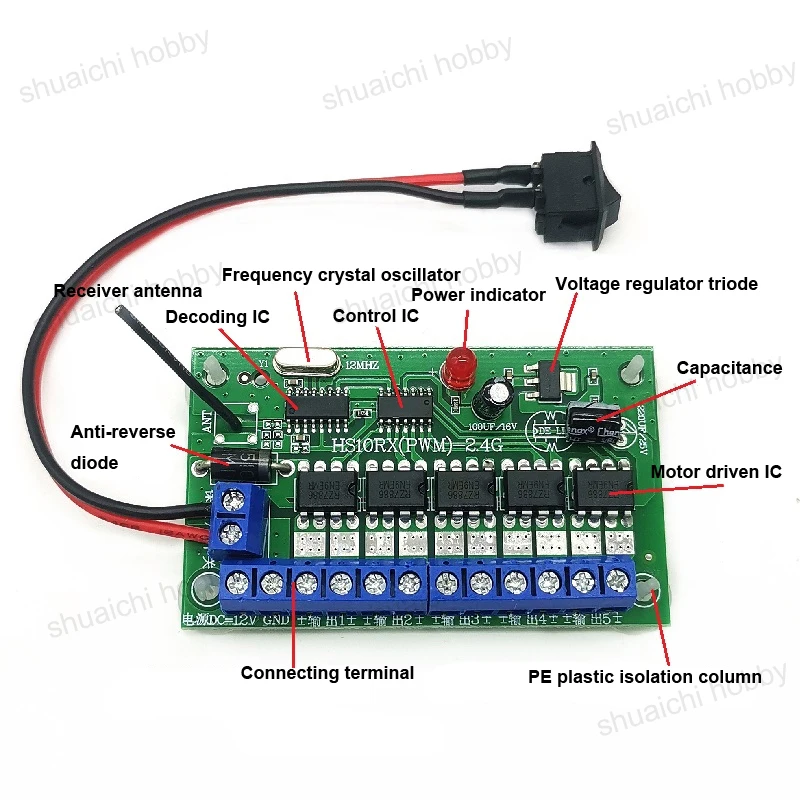 Système de contrôle radio pour modèle de robot de voiture jouet, télécommande bricolage, carte récepteur, distance de contrôle de 2.4 m, 500G, 10CH, 6V-12V, 1 ensemble