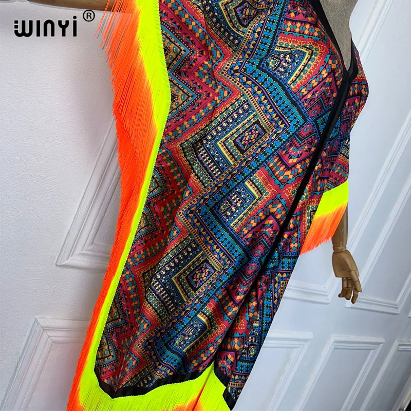 WINYI Fashion gradient tassel print loose dress beach Cover-up V-neck fashion kaftan sexy Holiday African wamen evening dress