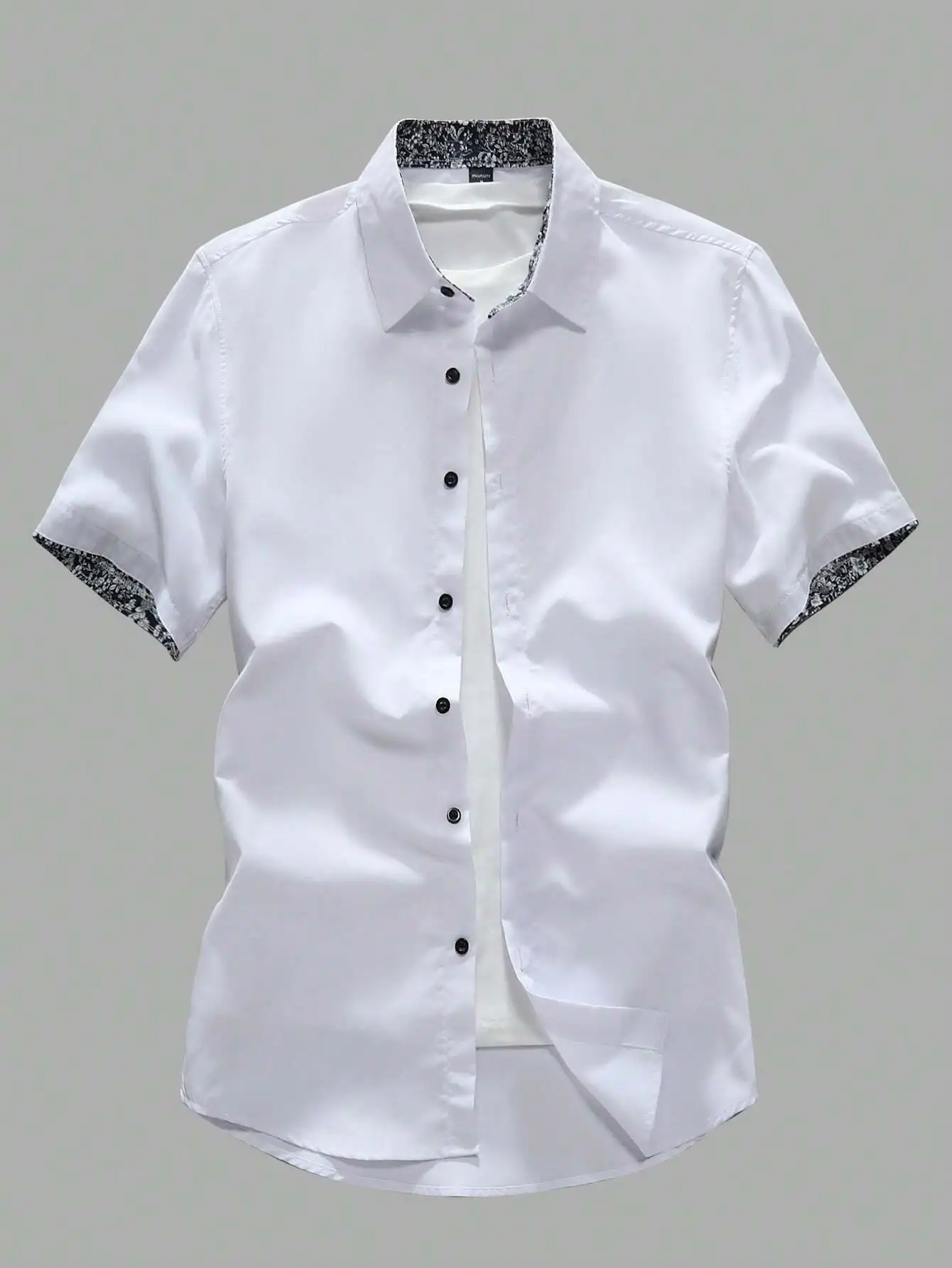 

Men's White Short Sleeve Button-Front Shirt with Floral Contrast Trim