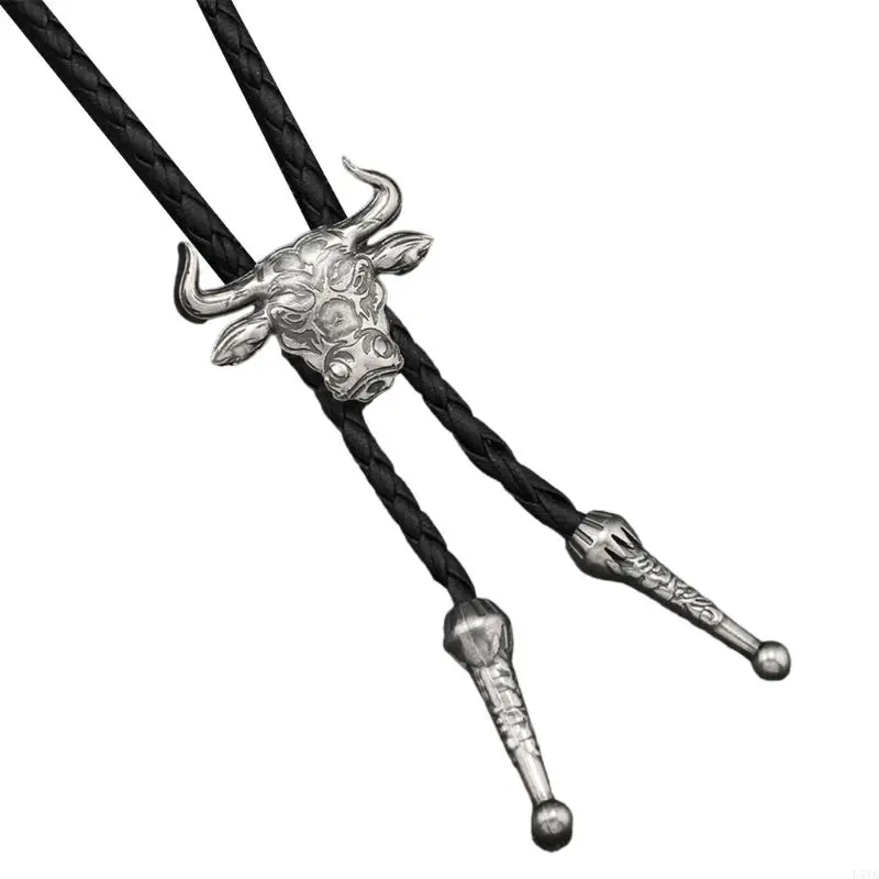 ربطة عنق عصرية من جلد البولي يوريثان L5YA مع ربطة عنق من سبيكة بتصميم رأس الثور الجريء هدية عملية للجنسين لأعياد الميلاد