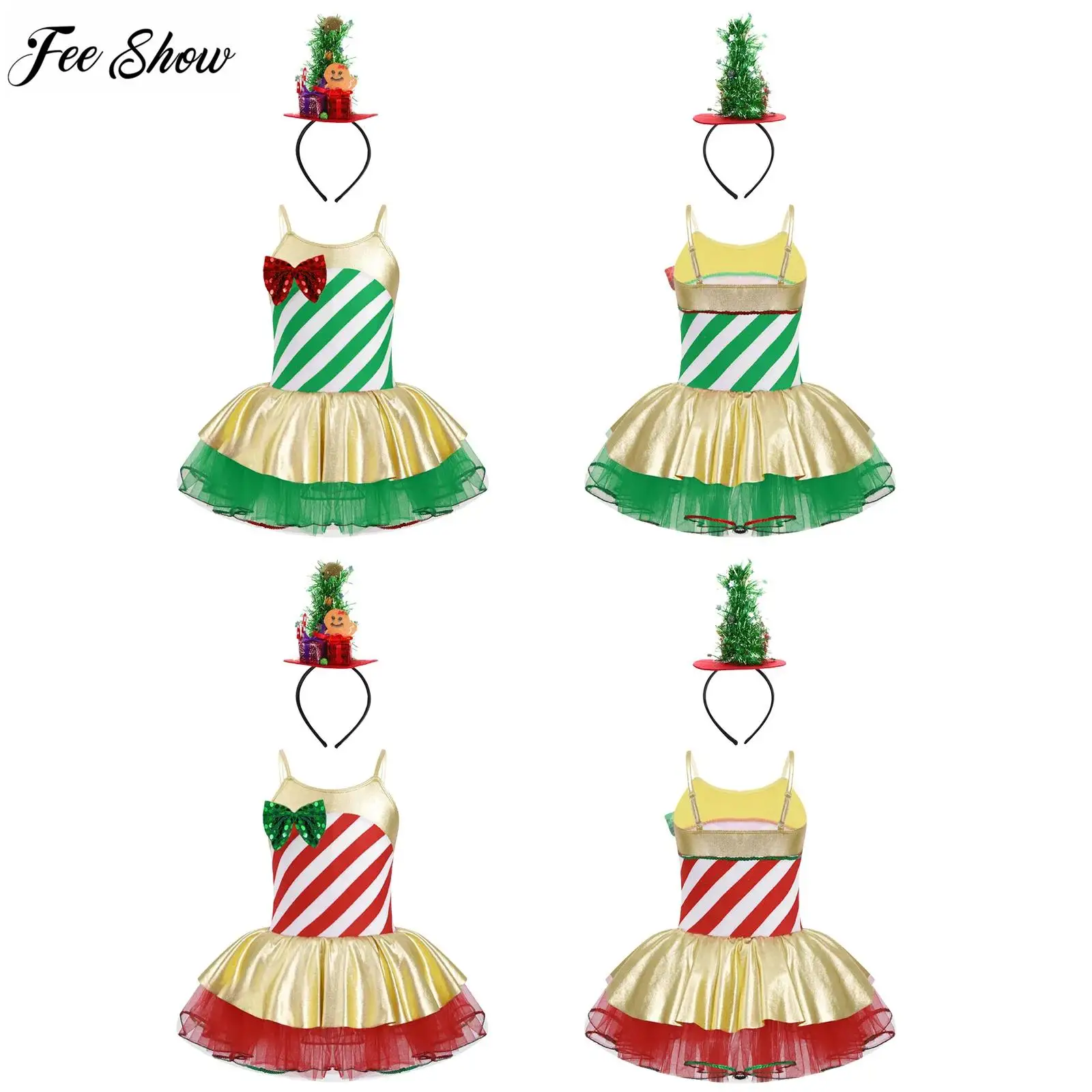 

Kids Girls Christmas Outfits Striped Print Sequins Bowknot Mesh Tutu Leotard Dress with Tree Candy Canes Hair Hoop Headband