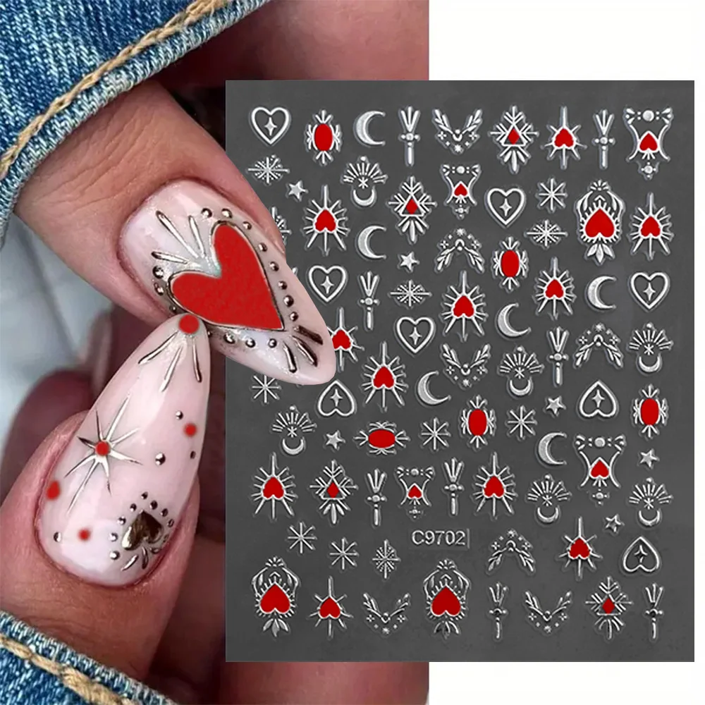 1/4pcs Red Gem Bronzing Heart/Star Moon Totem Nail Sticker 3D Y2K Metallic Starlight Stripes Decal Fashion Adhesive Nails Slider