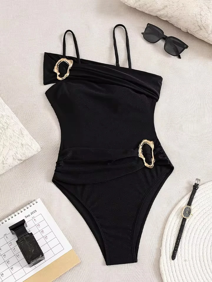 Vzvn Sexy One Shoulder Metal One Piece Swimsuit Women Beach Vacation Swimsuit 2026 All Season Solid One Piece Swimsuit