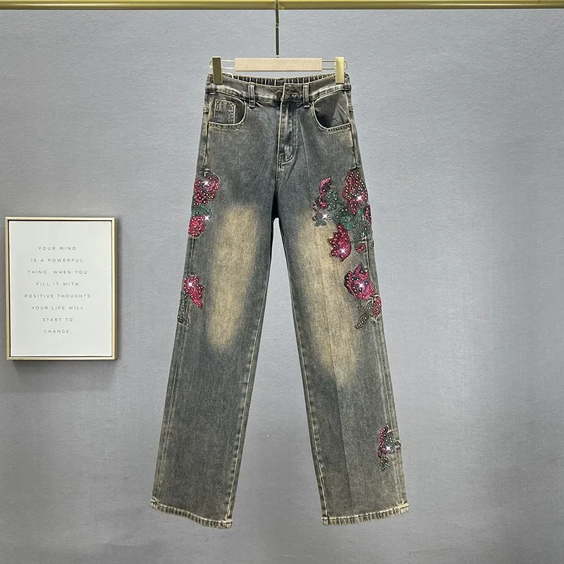 Hete Diamant Denim Broek Met Rechte Pijpen Voor Dames 2024 Nieuwe Losse Broek Met Hoge Taille En Losse Etnische Stijl Geborduurde Vloerdweilbroeken