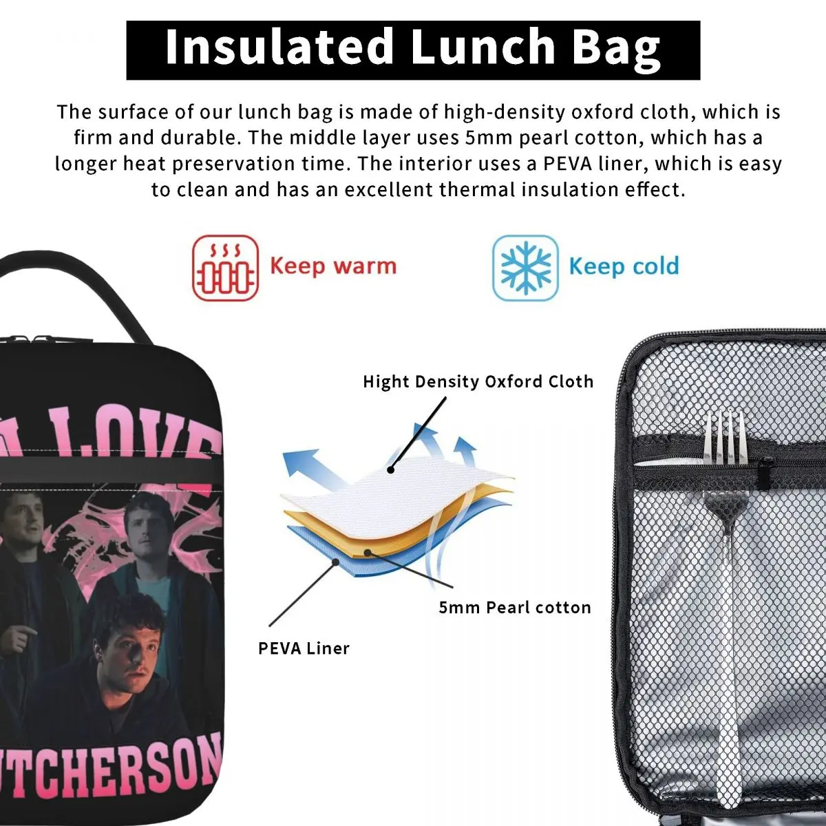 I Love Josh Hutcherson Accessories Insulated Lunch Bags School Lunch Container Reusable All Season Thermal Cooler Lunch Box