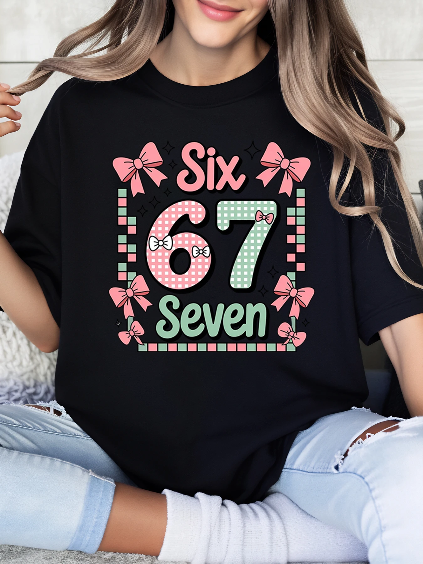 

Six 67 Seven Birthday Design T-Shirt for Women Casual Wear Black Plus-Size