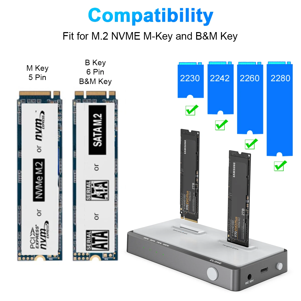 Rocketek USB 3.2 NVMe M.2 Duplicatore Dual-Bay Offline Clone da USB C a NVME Docking Station M2 SSD Chiave M Custodia per dischi rigidi