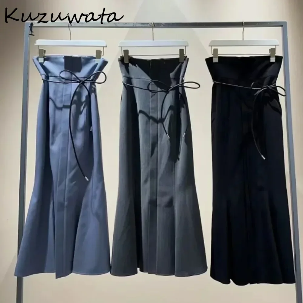 Kuzuwata Literary Socialite Style Luxury Gentle Faldas High Waist Mermaid Lace Up Mujer Faldas Japan Ruched New All-match Skirt