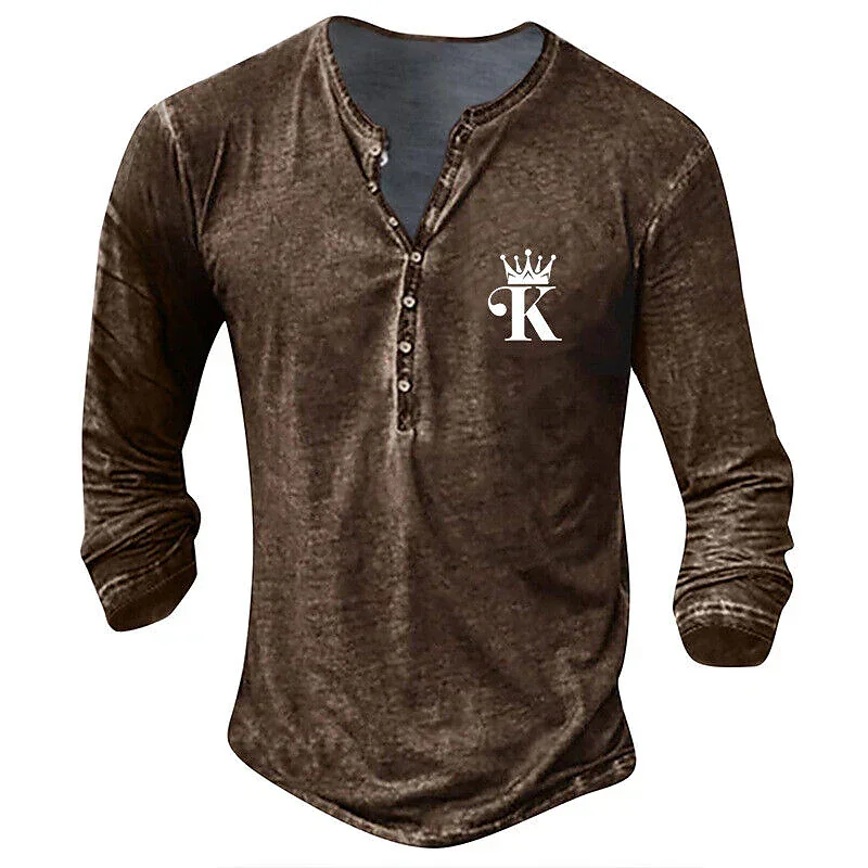 Men\'s Henley Shirt Pokker K Graphic Long Sleeve Tops T-Shirts Spring Autumn Imitation Cotton Button-Down T Shirt Street Wear Tee