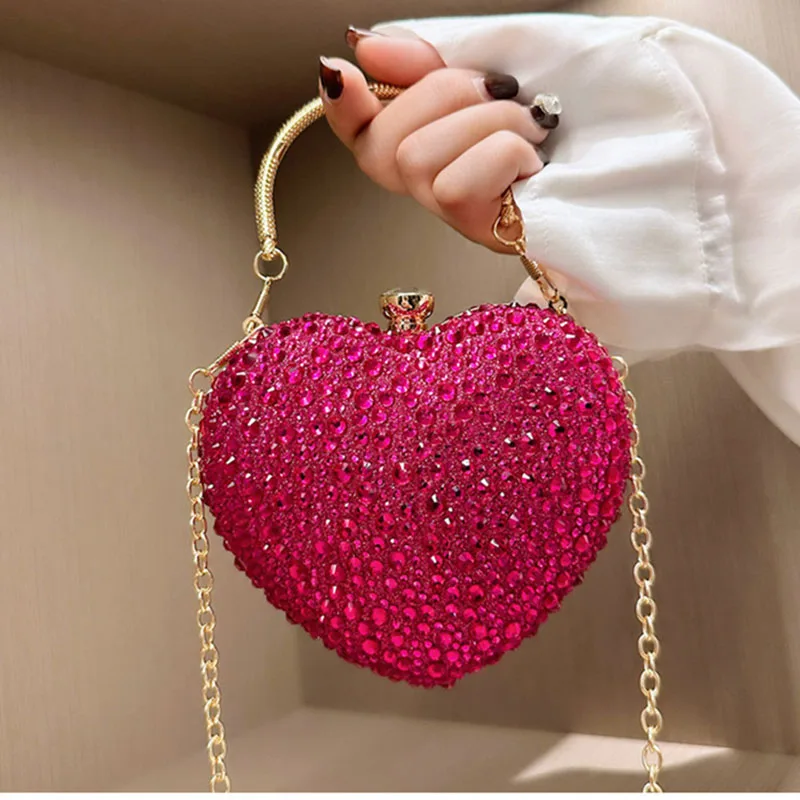 New Luxury Rhinestone Heart Crystal Clutch Bag, Diamond Inlay Mini Evening Handbag, Wedding Party Shoulder Purse with Handle