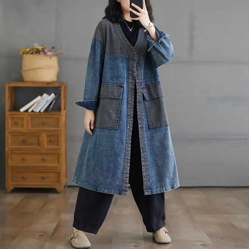 High Quality Denim Trench Coats Women New 2024 Autumn Vintage Style V-neck Patchwork Color Female Casual Long Jackets B2102